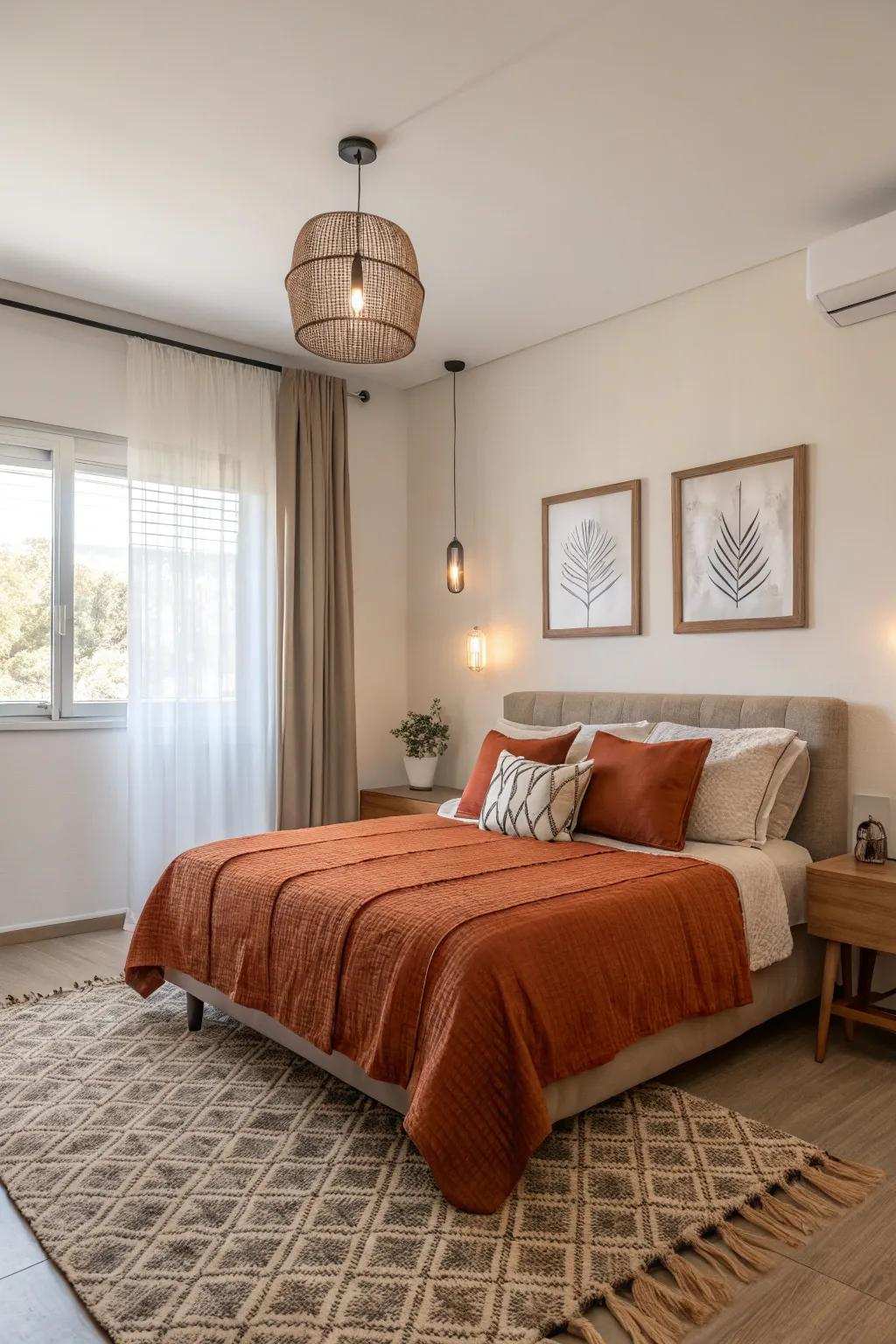 Reddish-brown bedding contributes a vibrant flair to a serene bedroom.