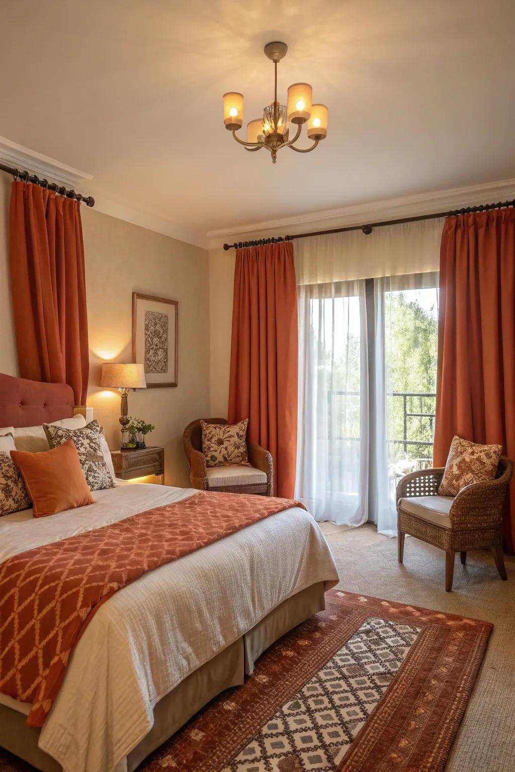 Reddish-brown window coverings infuse warmth and color.