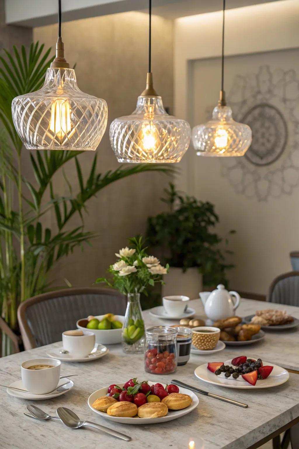 Refined drop lights amplifying the allure of a breakfast table.