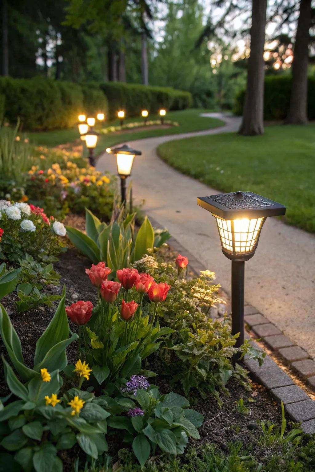 Refined solar position lights enhance your flower patches.