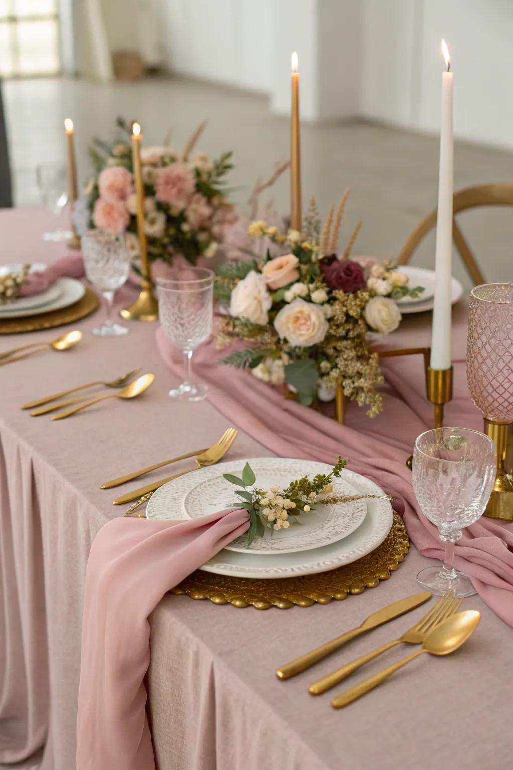 Refined table arrangement featuring rosewood blush and metallic accents.