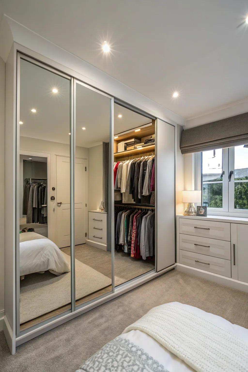 Reflected closets engender an illusion of area, ideal for smaller chambers.