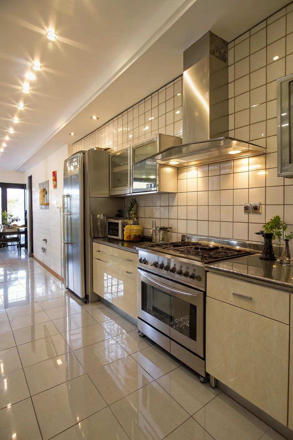Reflective panels boost light distribution in a kitchen without windows.
