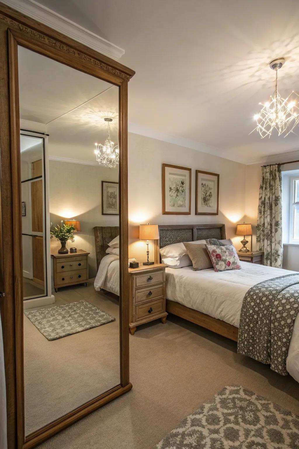 Reflectors expand space and enhance illumination in small bedrooms.