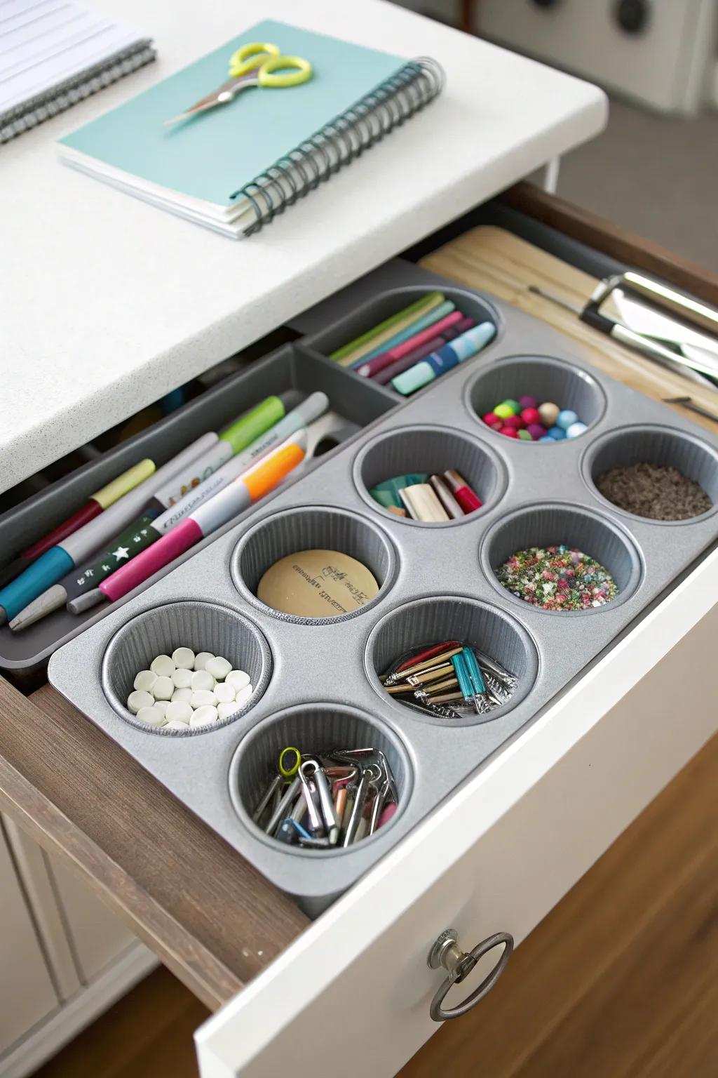 Reimagining everyday household items can lead to attractive and practical drawer storage solutions.