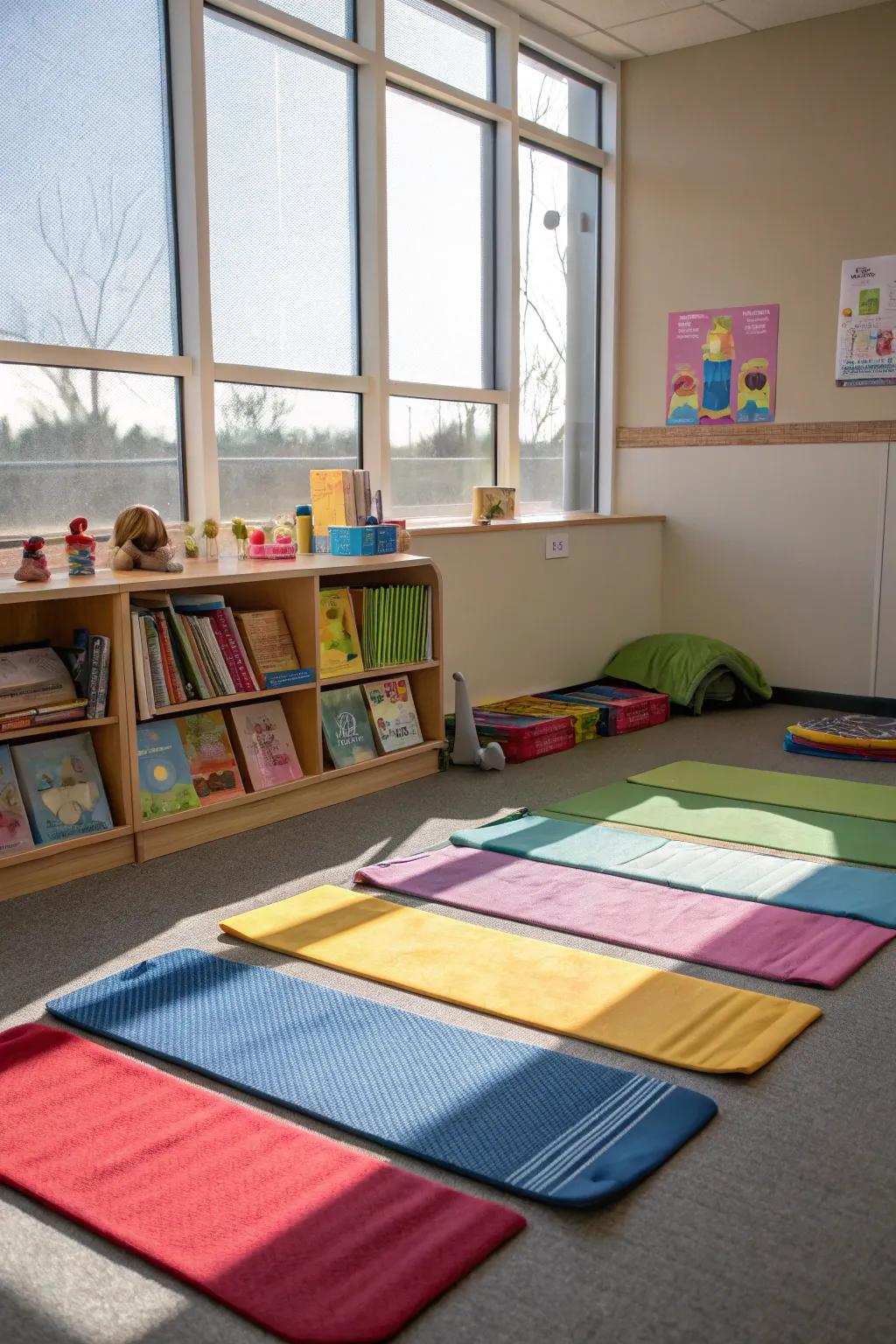 Relaxation mats encourage calming physical activities.