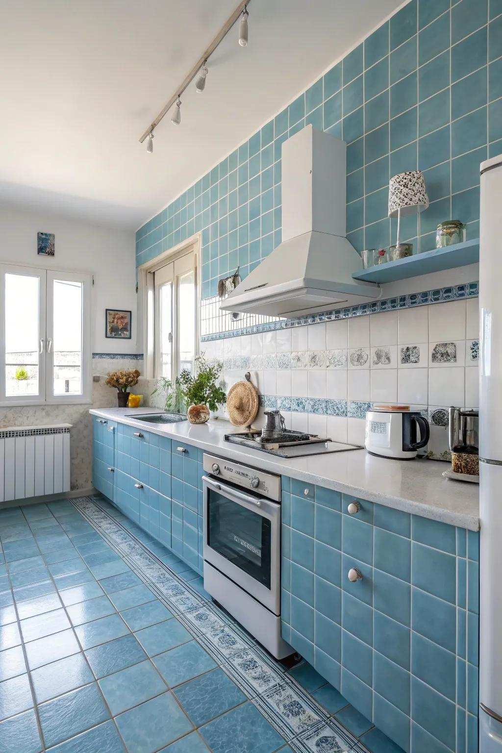 Relaxing azure tiles engender a tranquil atmosphere in this kitchen.