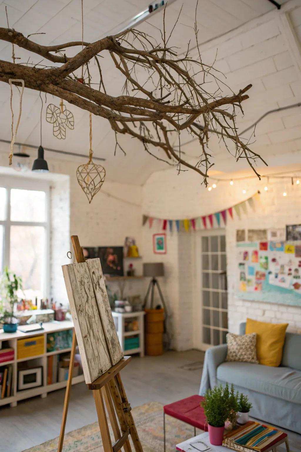 Remarkable suspended branch decor inside an artistic studio.