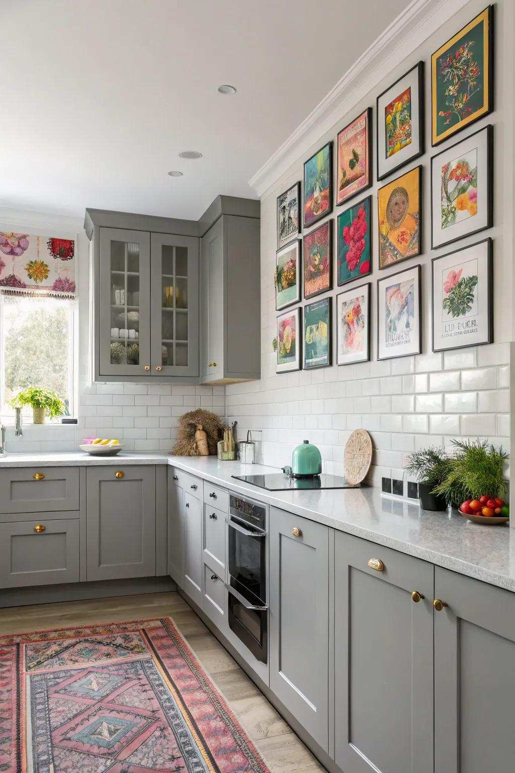 Remarkable wall decor personalizes the kitchen, incorporating color and intrigue.