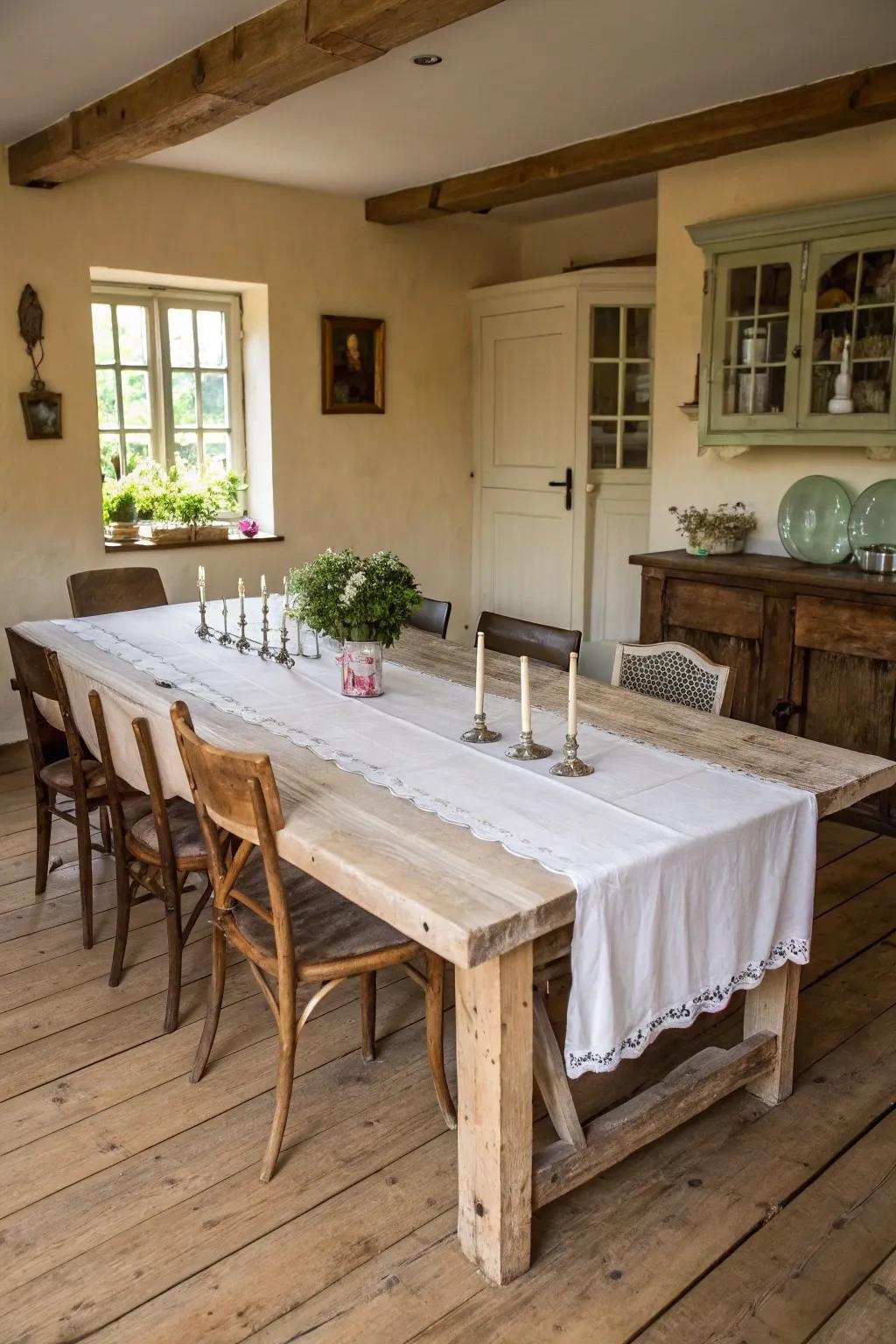 Repurposed timber dining table giving a cozy, inviting feel to the dining space