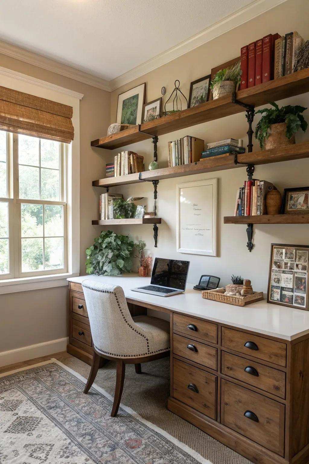 Retro vibes achieved by using faux crown molding beneath shelves.