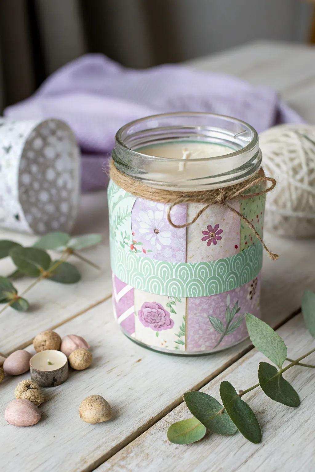 Revamp your candle containers with whimsical paper adornments for a hint of seasonal charisma.