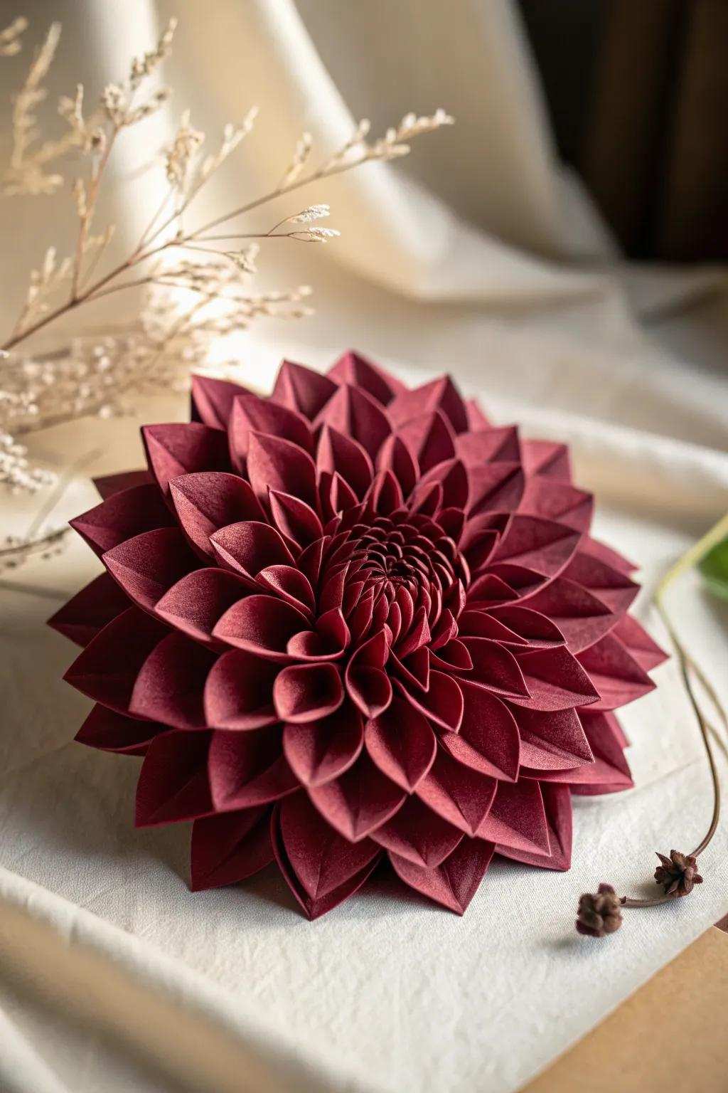 Reveal the drama with this bold paper dahlia—where minimalist design meets striking beauty.