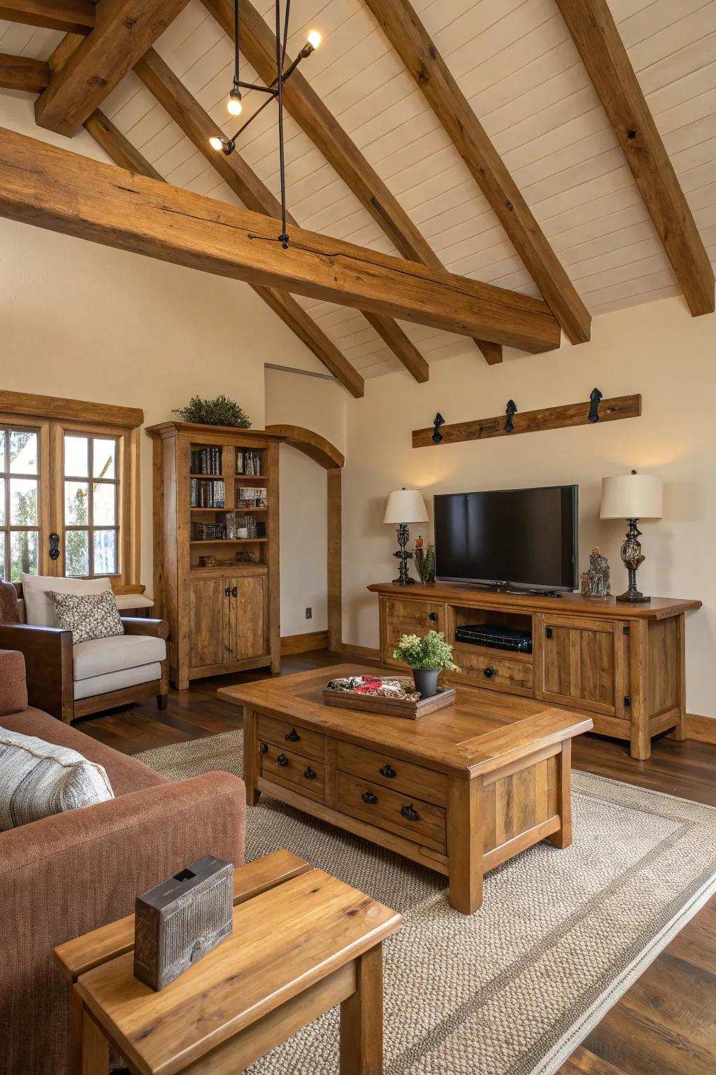Richly textured family room featuring varied timber tones.