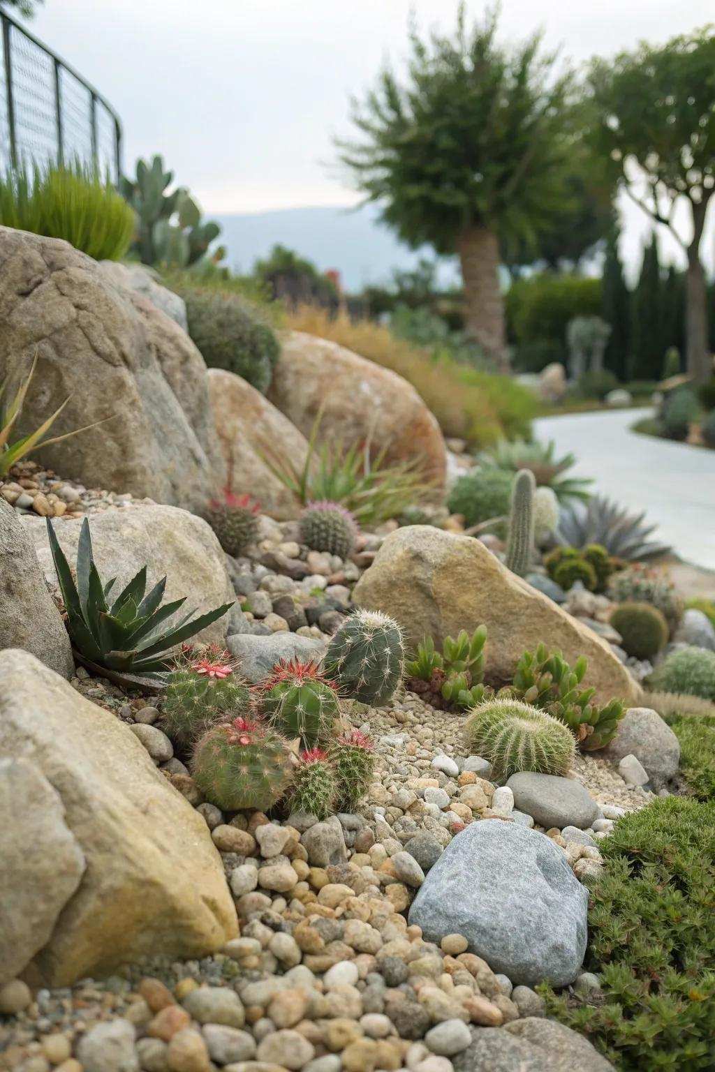 Rock features present a natural stage for succulents.