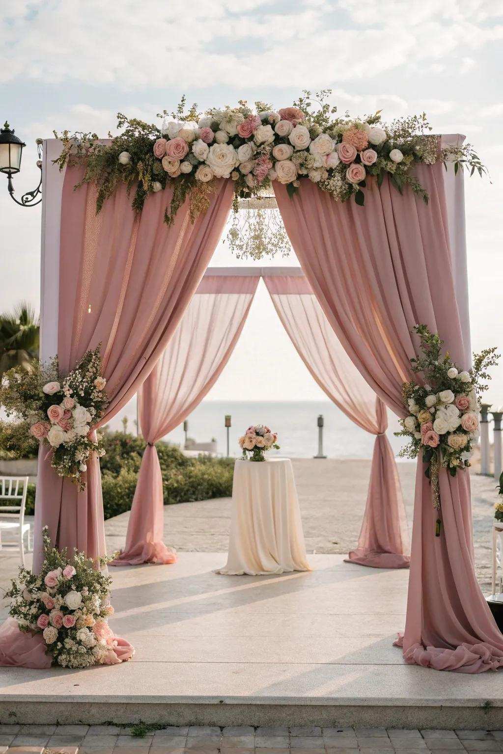 Romantic backdrop showcasing rosewood blush draping.