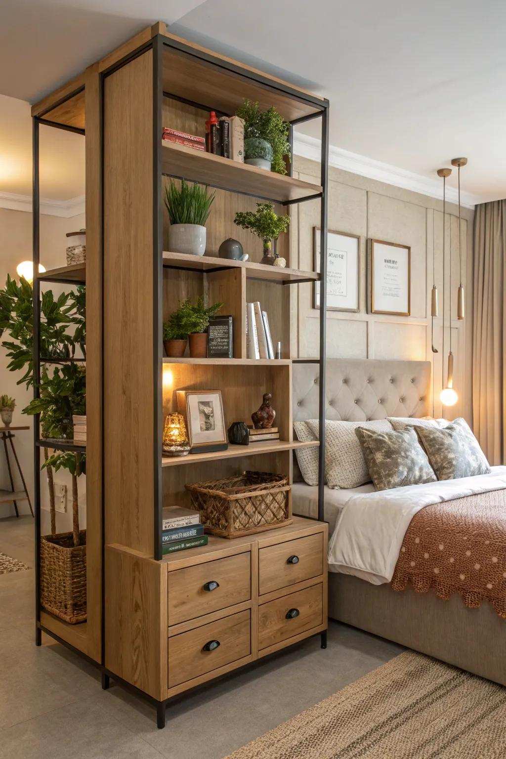 Room dividers can function as fashionable storage.
