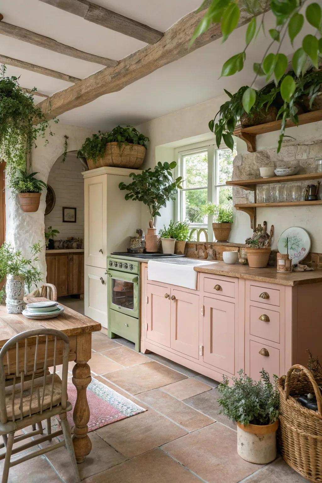 Rose accents infuse personality and warmth into a farmhouse-themed kitchen.