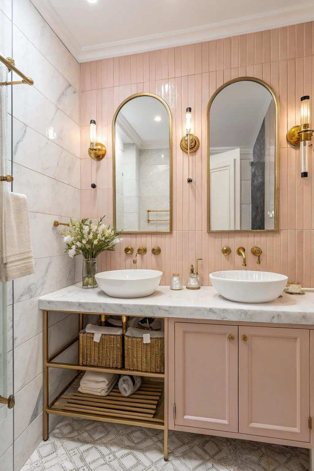Rose walls add a chic and warm touch to the bathroom space.