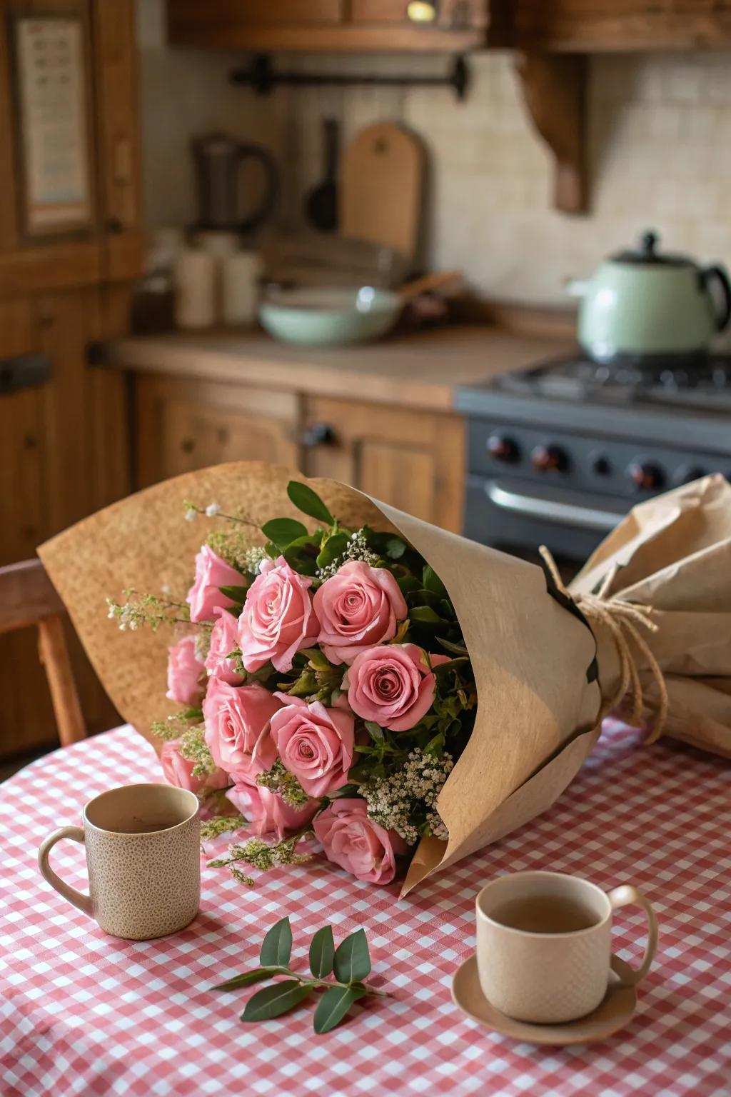 Roses bundled in brown kraft paper for a touch of rustic appeal.