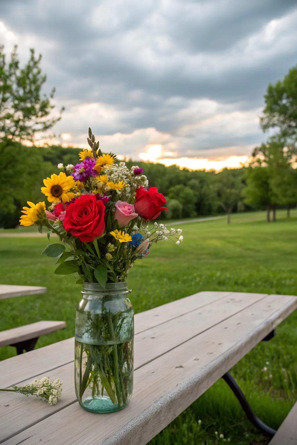 Roses intermixed with wildflowers evoking a carefree, bohemian vibe.