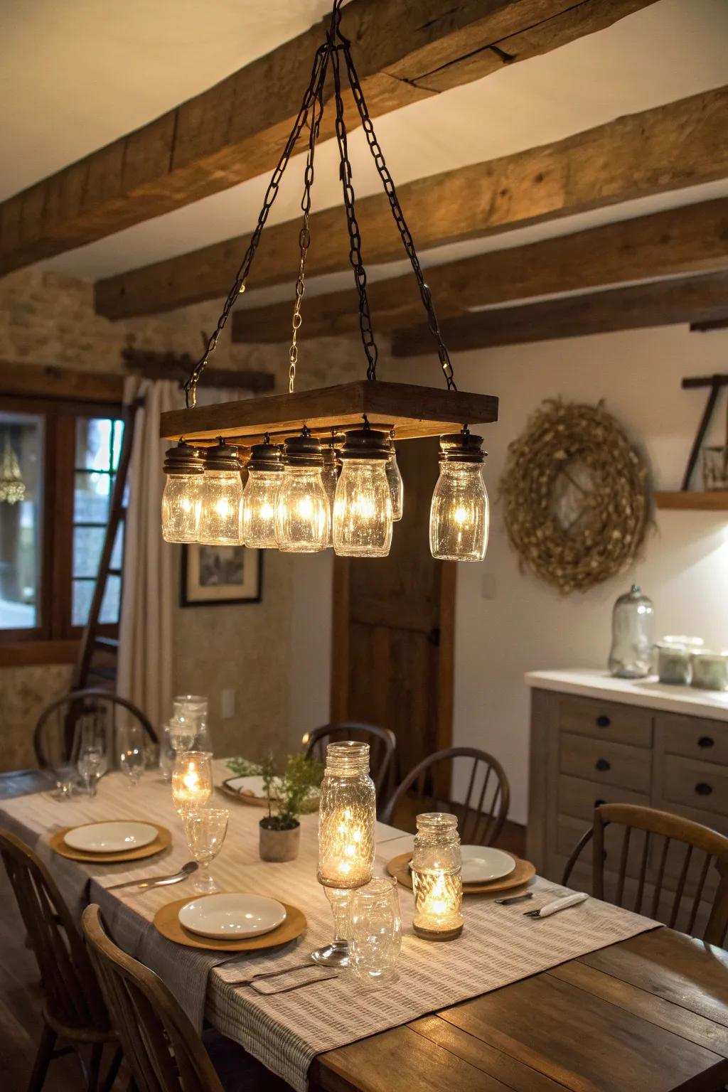 Rustic chic with a preserving container candelabra.