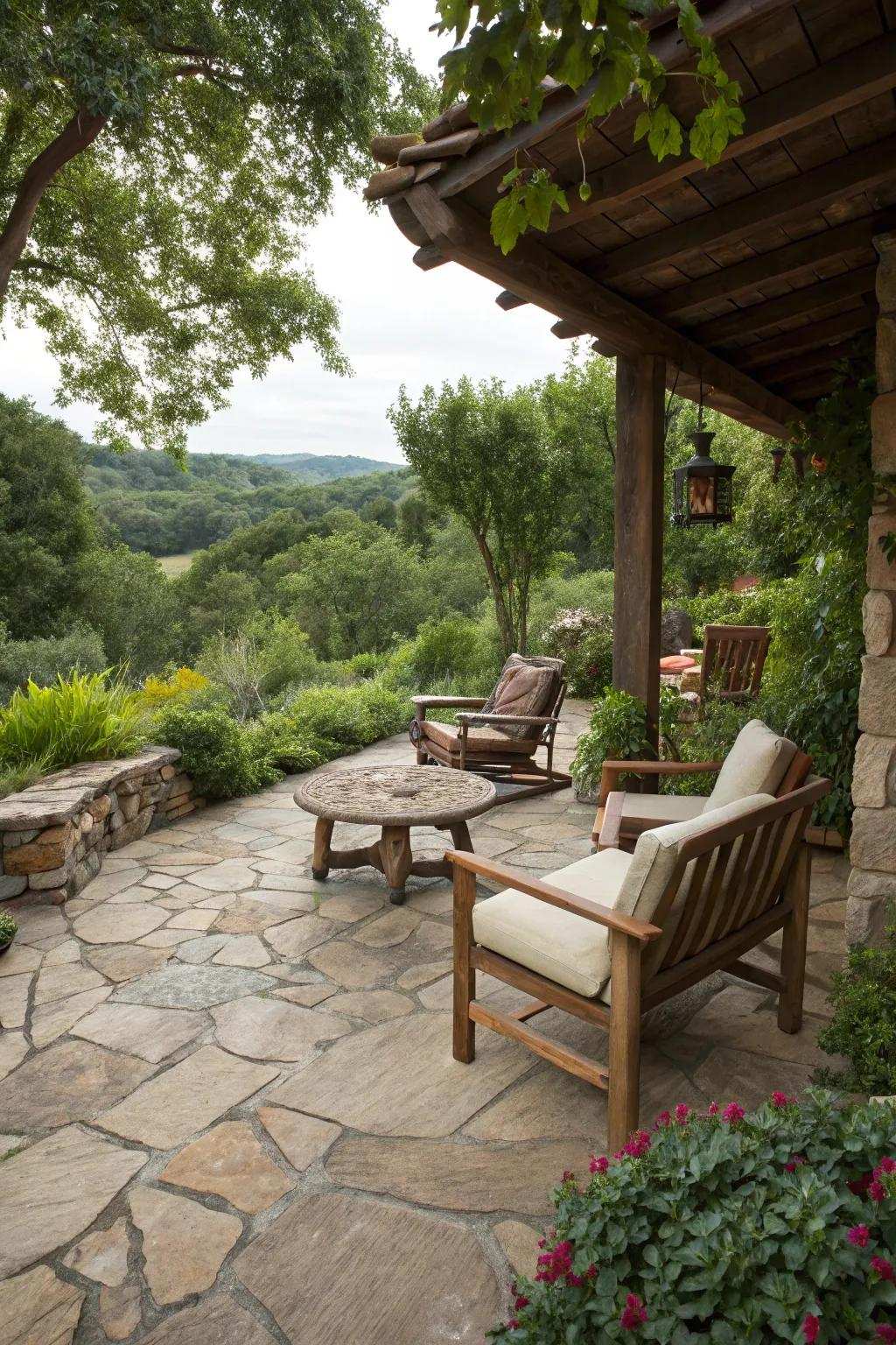 Rustic flagstone flooring enhances patios with natural charm and visual interest.