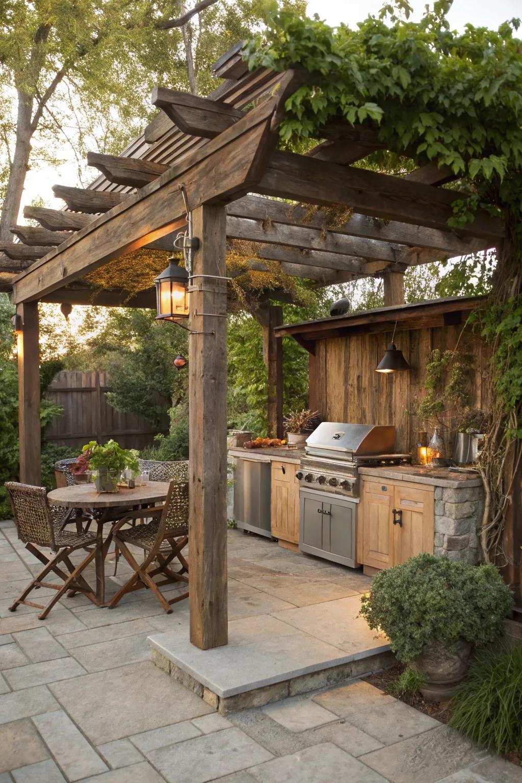 Rustic pergola constructed from repurposed wood.