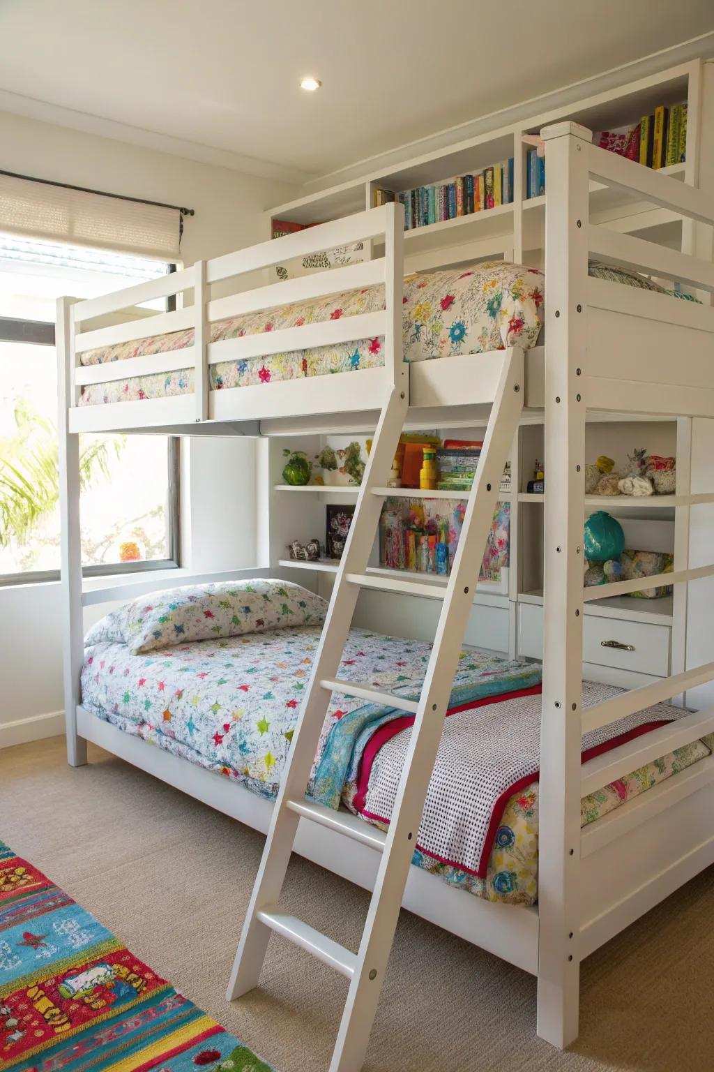 Safety-focused triple bunk beds featuring secure railings and ladders.