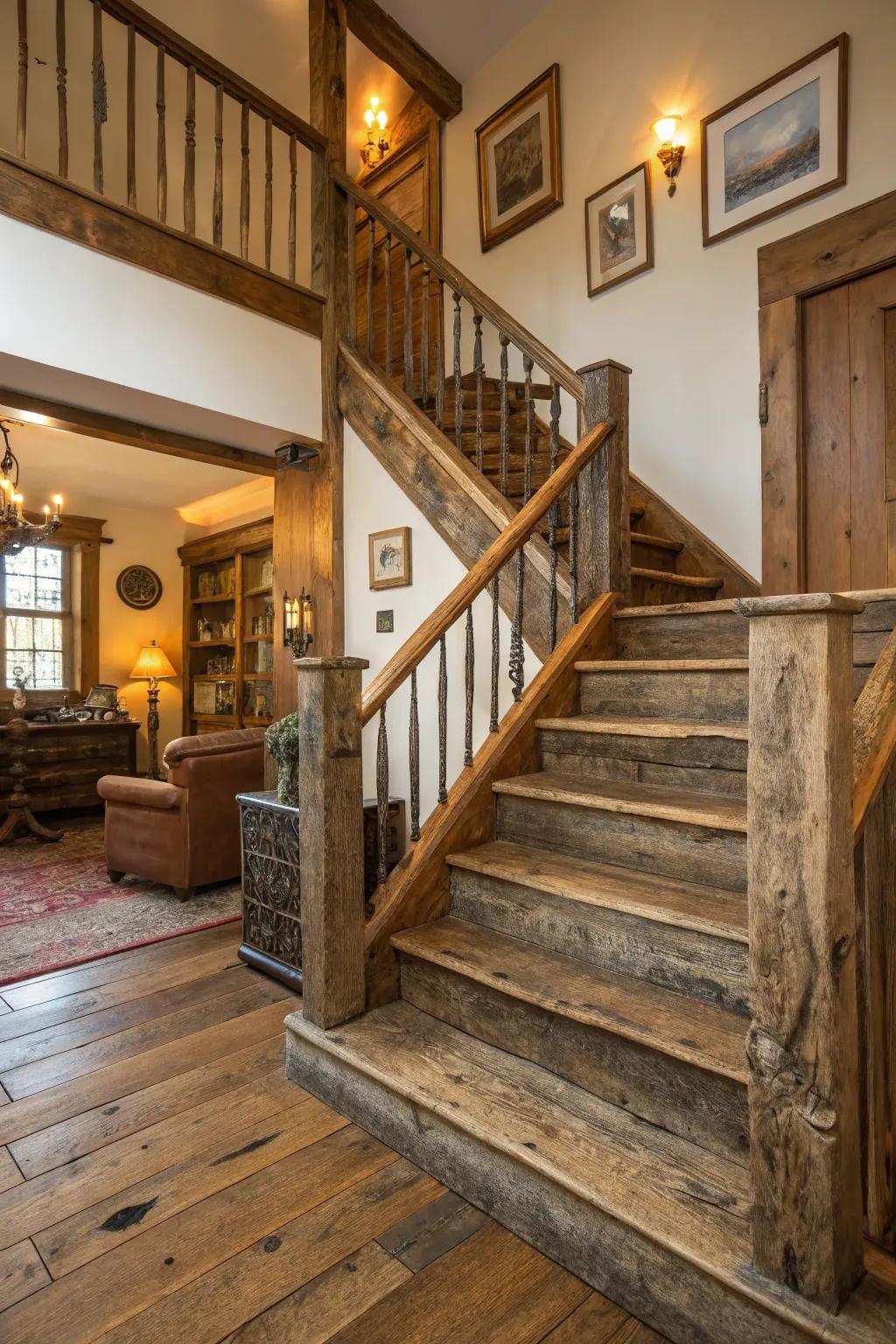 Salvaged wood adds country allure to the stairway.