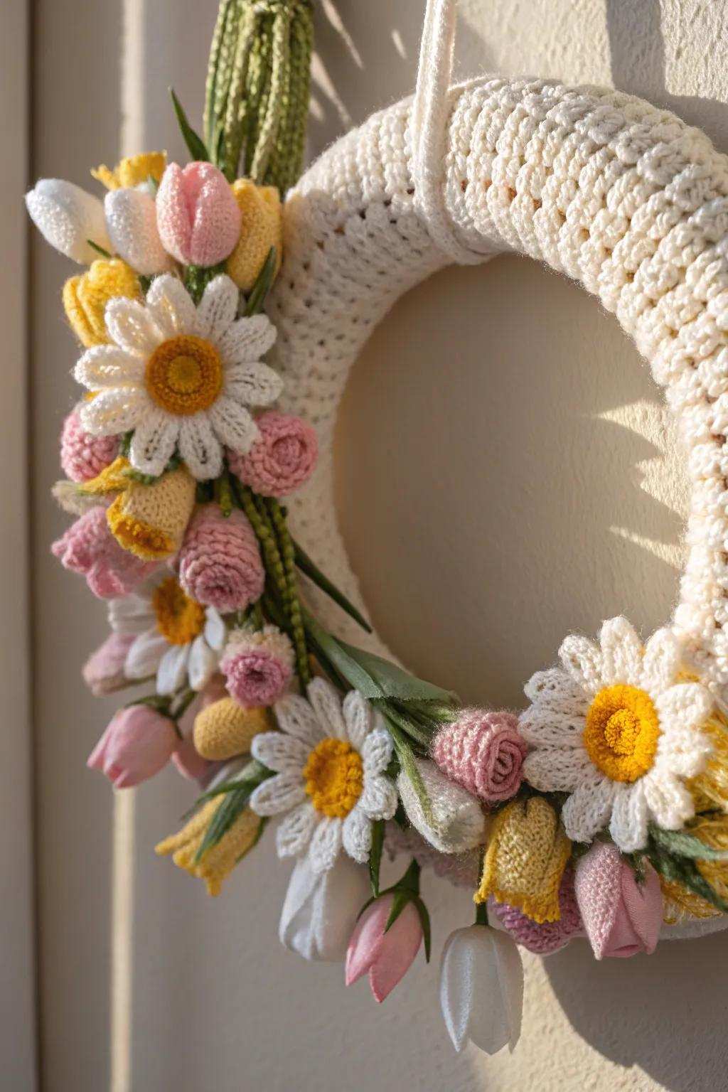 Savor the enchantment of spring via this artisanal crochet floral wreath, excellent for bestowing a soupcon of innate loveliness to your abode.