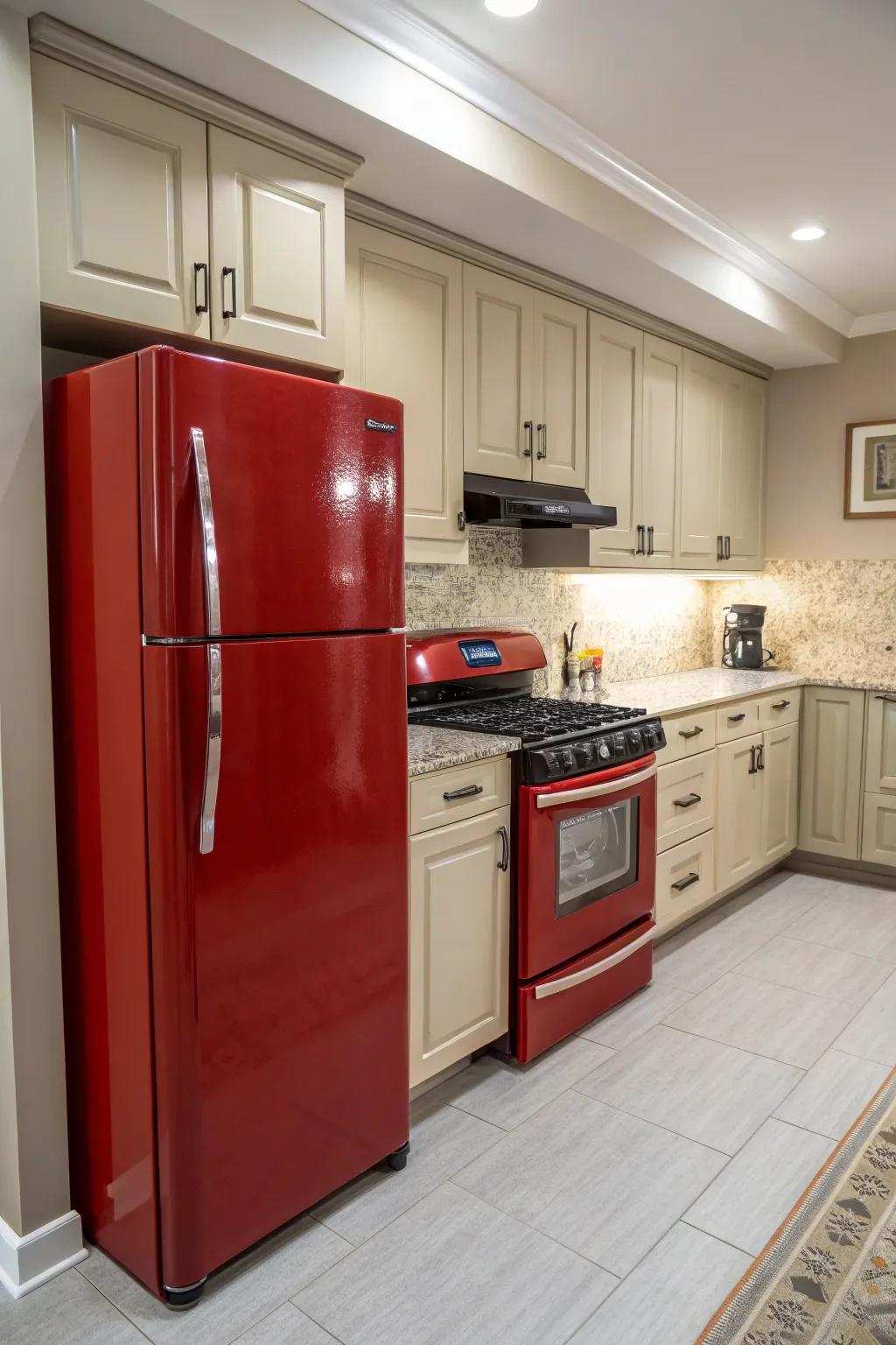 Scarlet appliances serve functional and aesthetic roles in a kitchen.