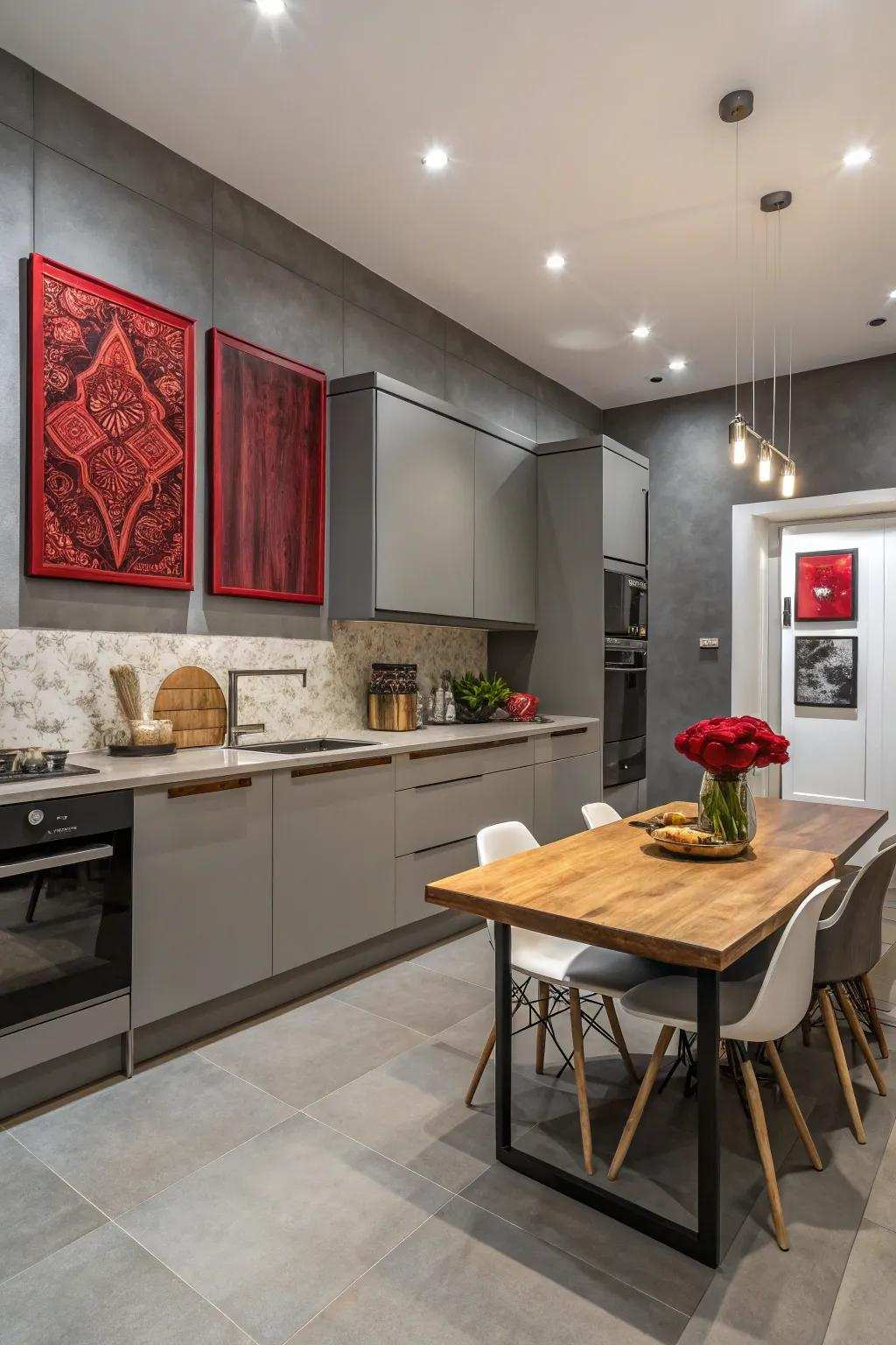 Scarlet art on grey walls creates an elegant kitchen.