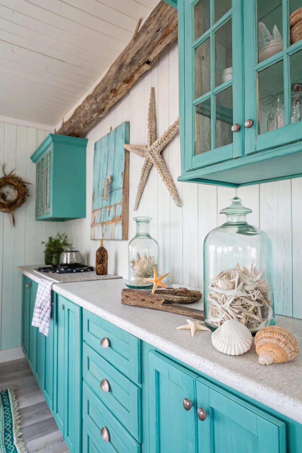 Seaside decorative components fashioning a beach-like atmosphere inside a robin's egg blue culinary space.