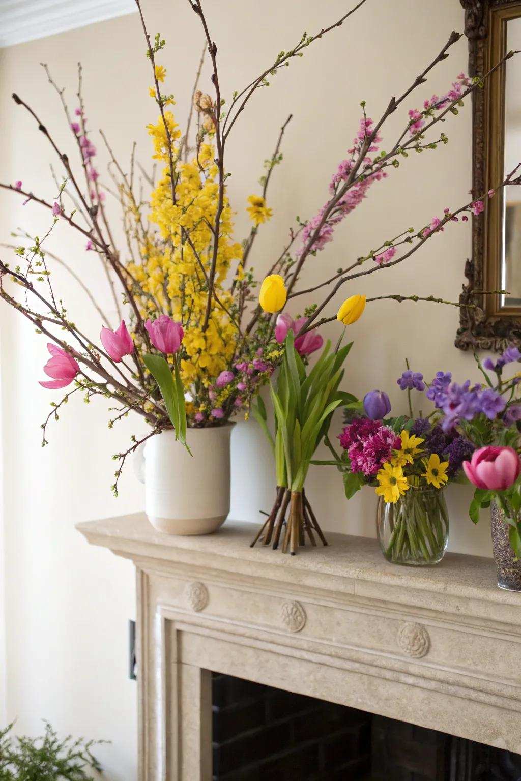 Seasonal branch arrangement featuring springtime blossoms.