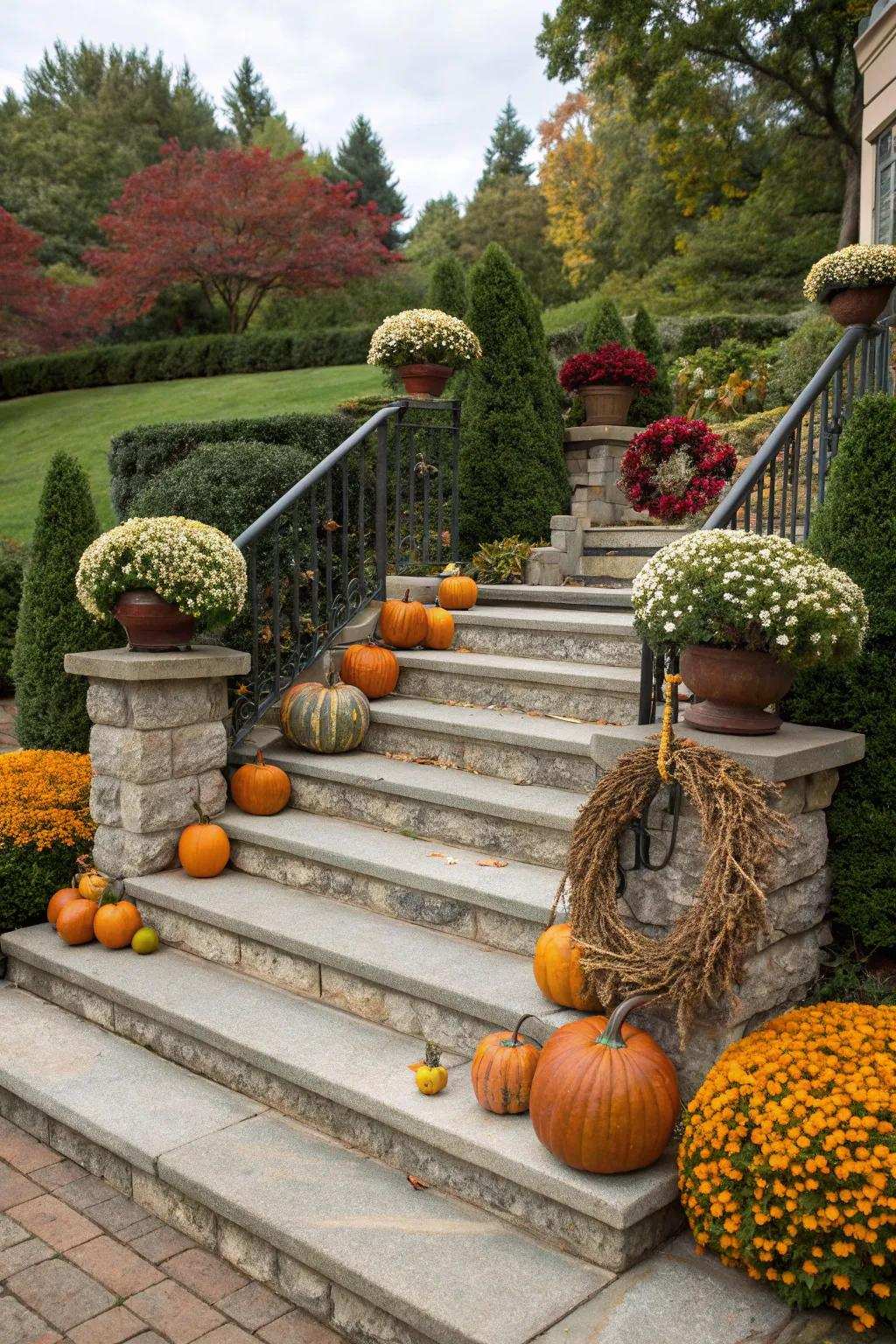 Seasonal decor adds festive charm to stone steps.