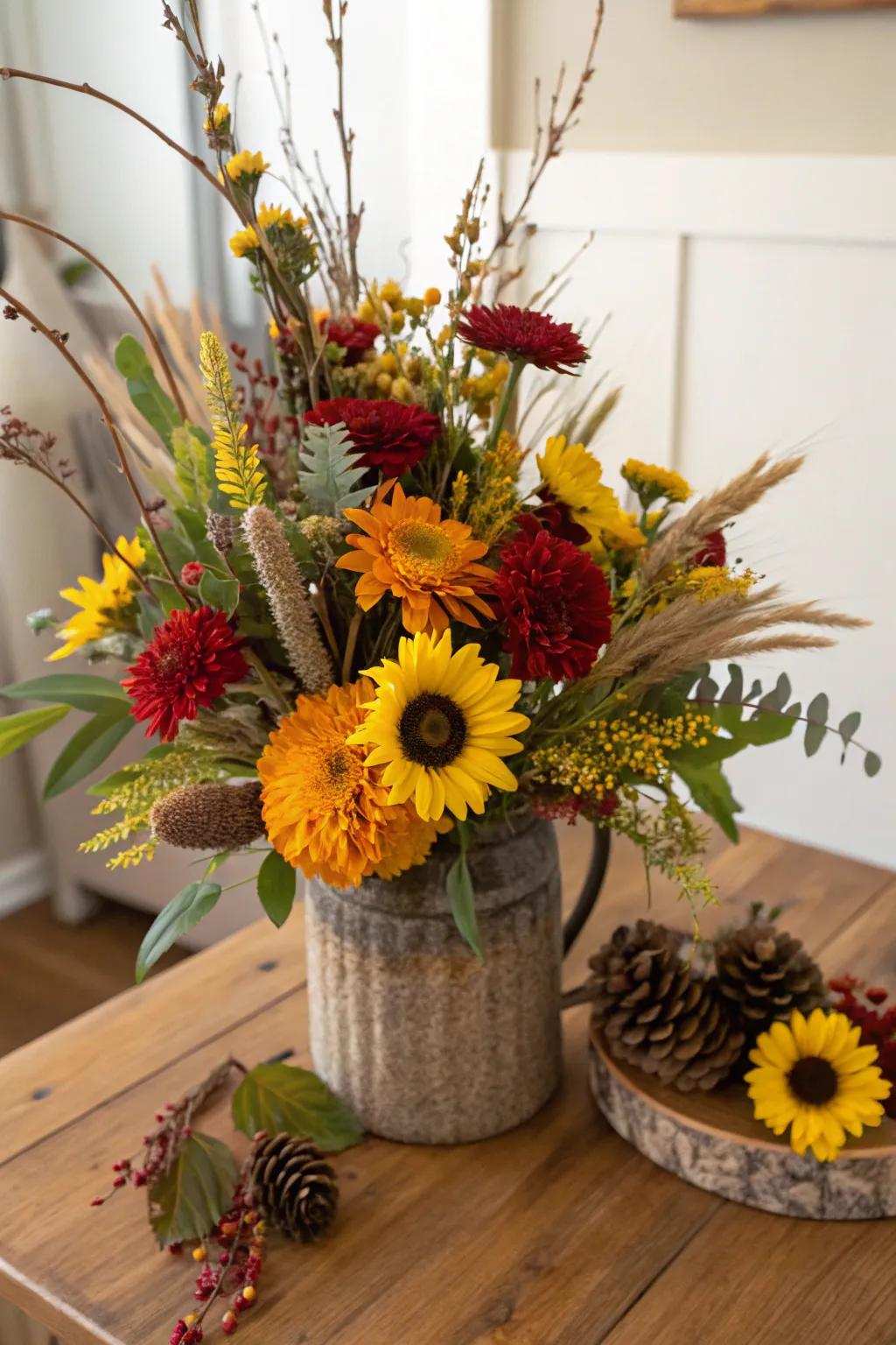 Seasonal floral exhibits contribute lively shades to your fall decorating.