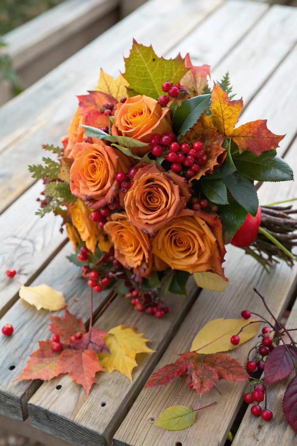 Seasonal foliage imparting a unique twist to a rose bouquet.