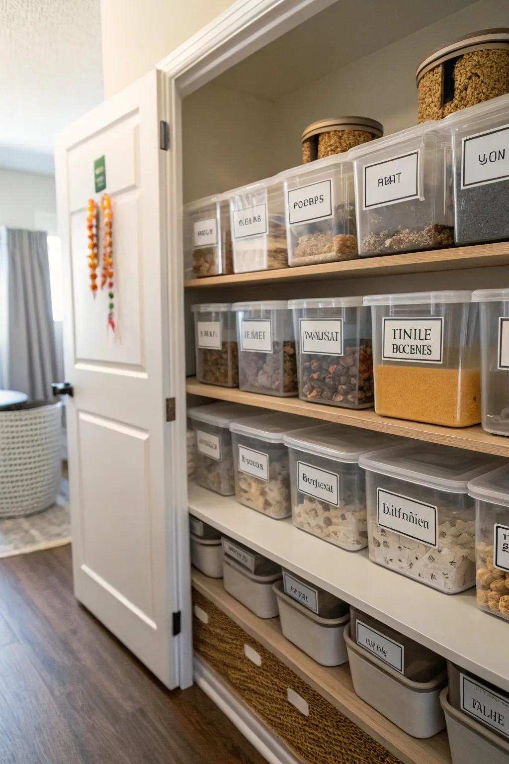 See-through labeled containers offer efficient, practical storage.