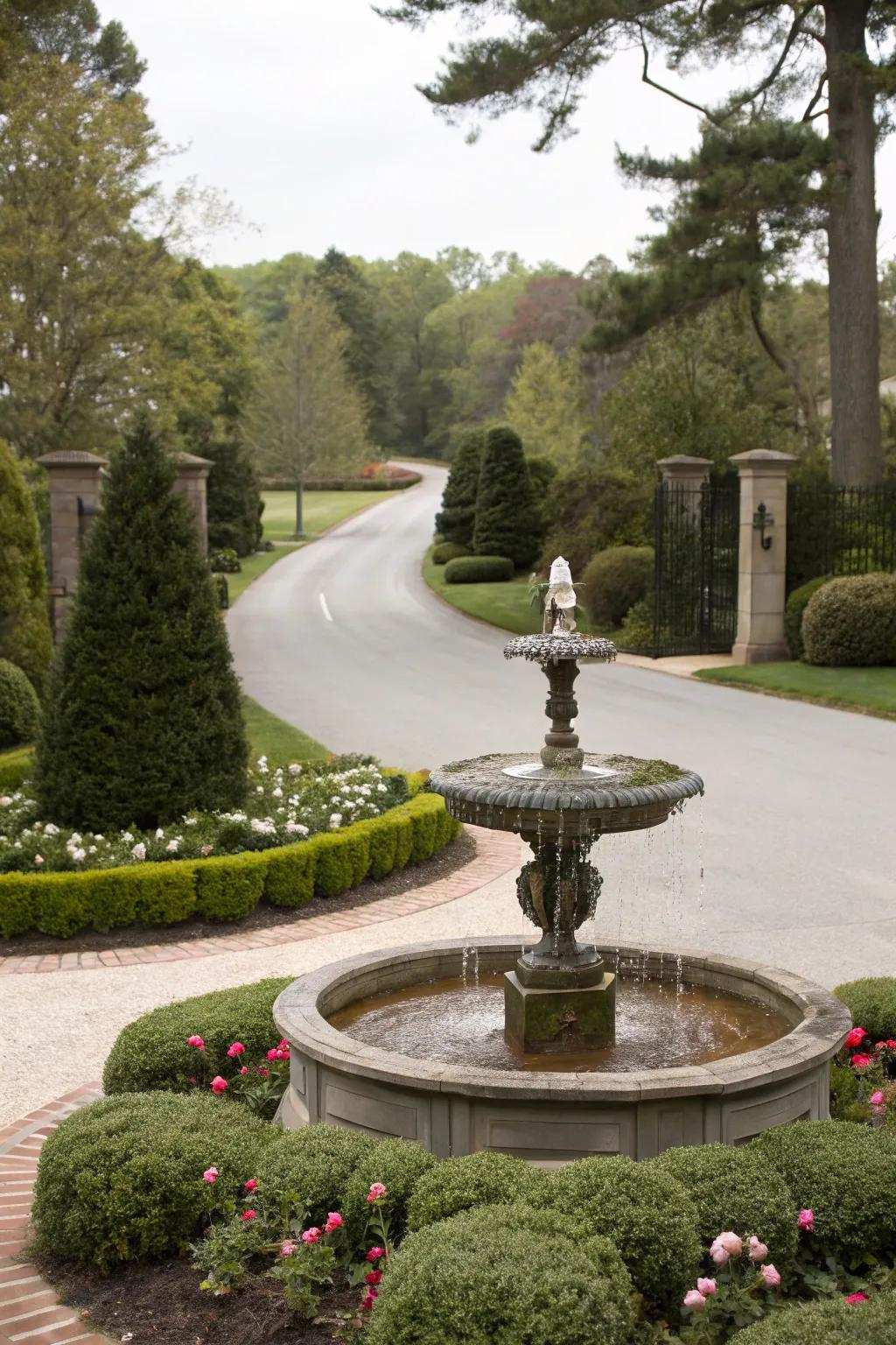Serene aquatic feature crafting a soothing driveway ambiance.