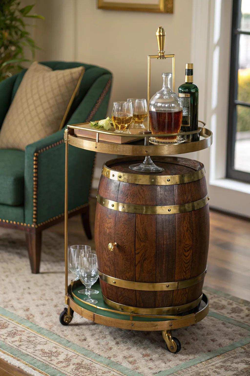 Serve in design using a liquor cask bar trolley that’s both functional and eye-catching.