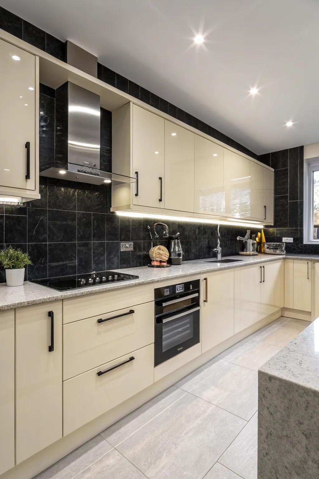 Shadowy contrasts adding impact and depth to a cream gloss kitchen.