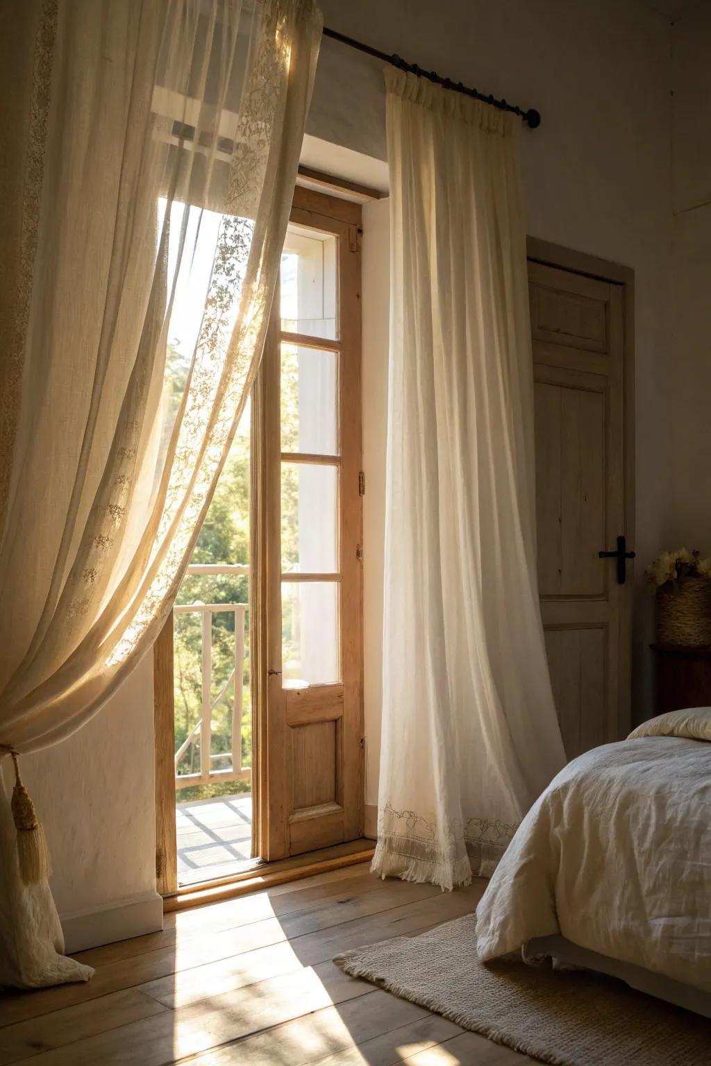 Sheer linen coverings create a serene bedroom ambiance.