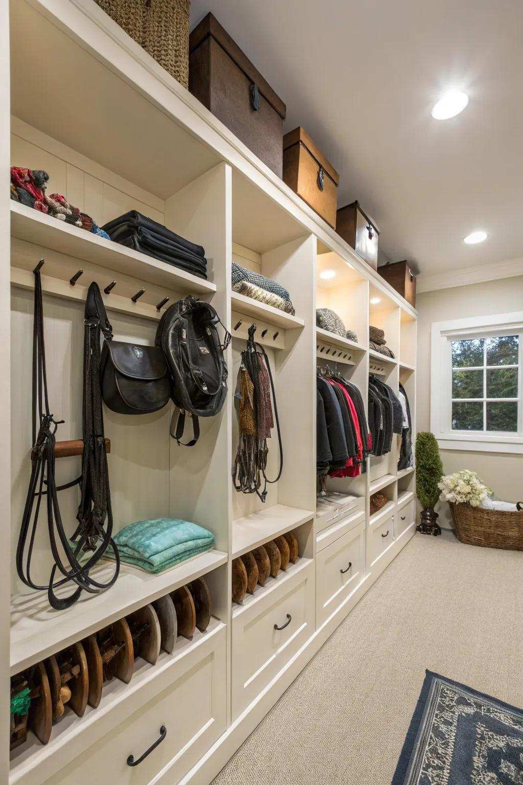Shelves furnish practical storage juxtaposed with seats.