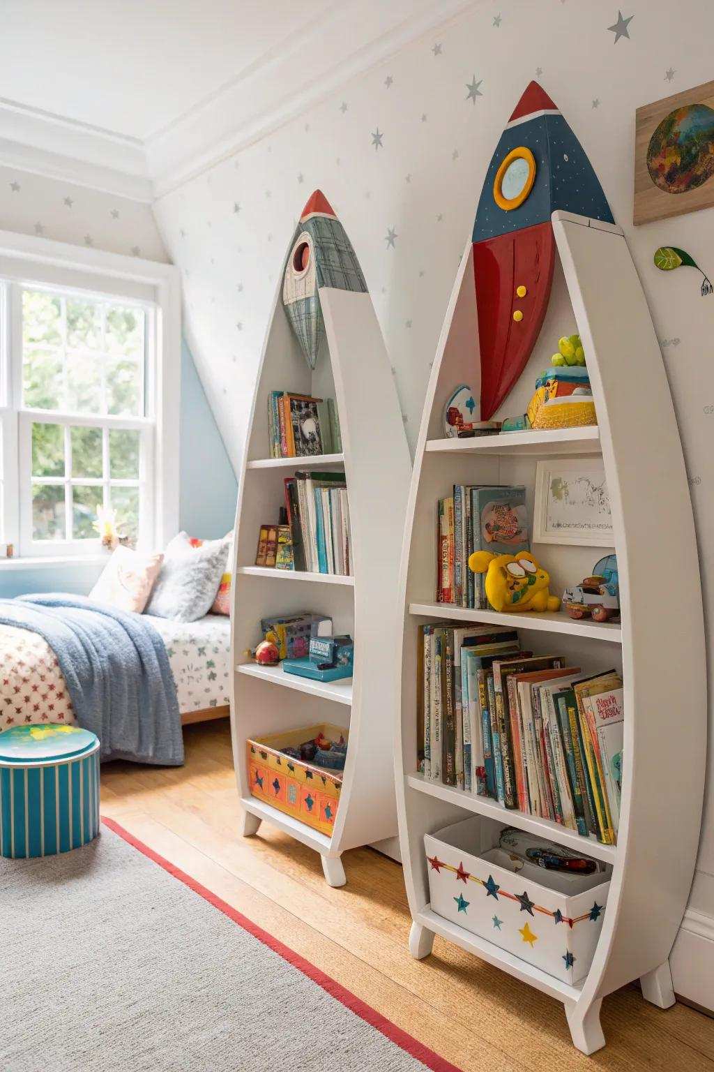 Shelves shaped like rocket ships make storage fun and imaginative.