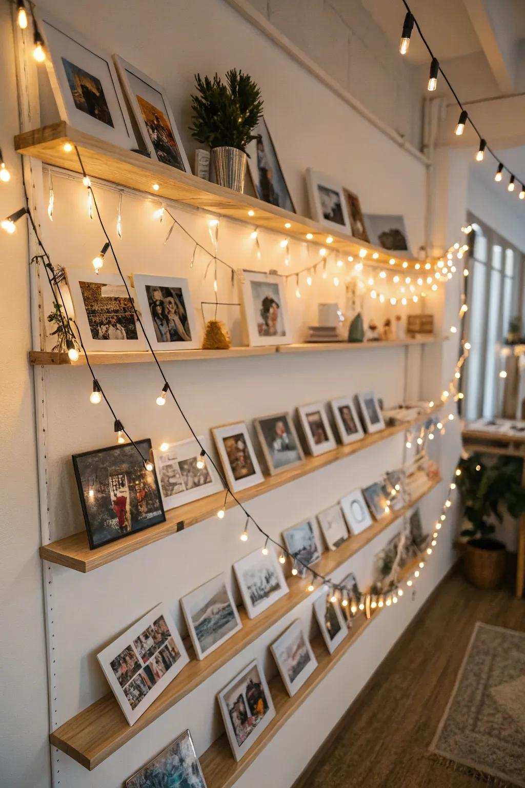 Shelving with lights provides depth and practicality.