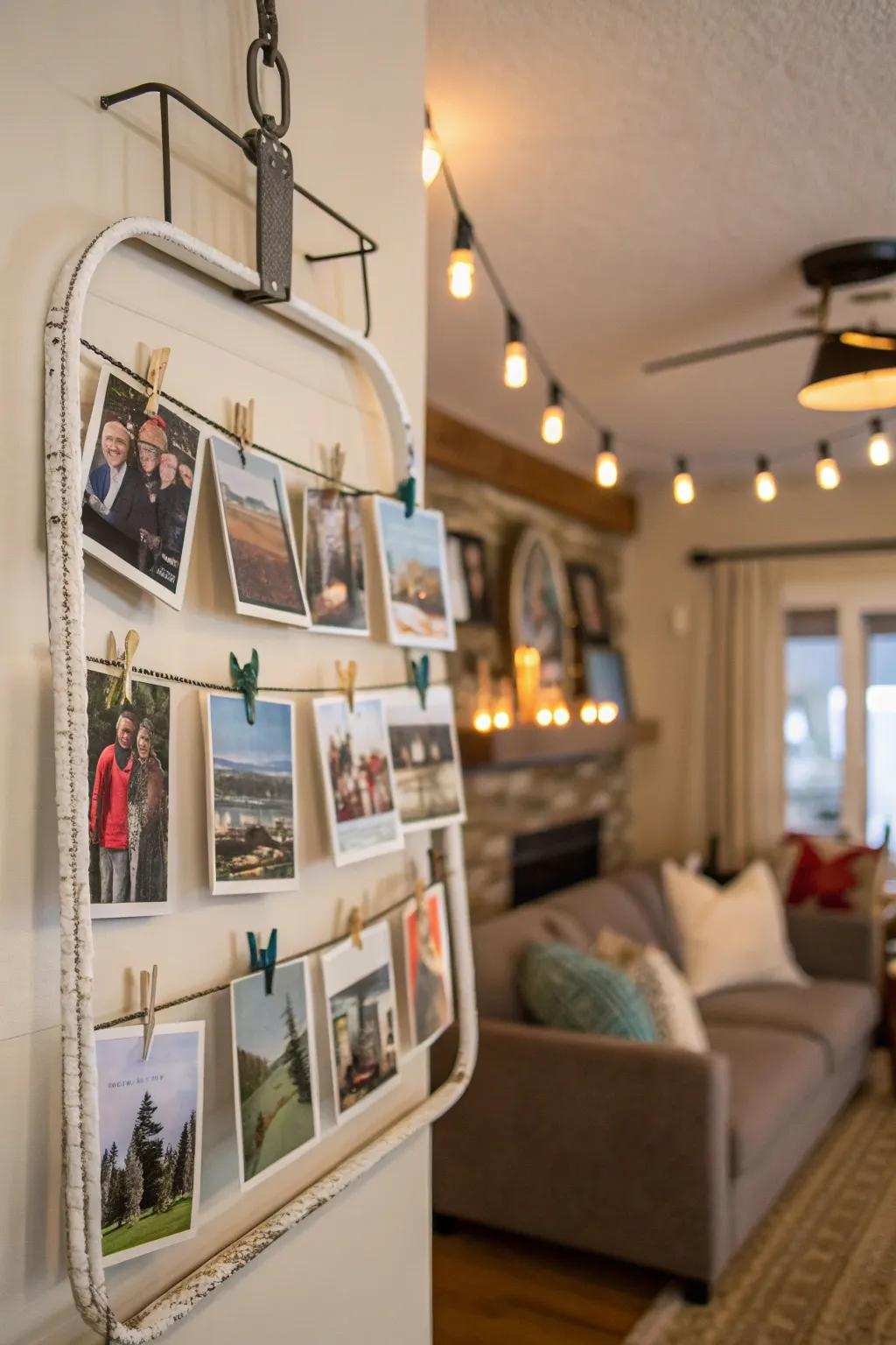 Showcase your favorite memories with a ski chairlift-inspired photo display.