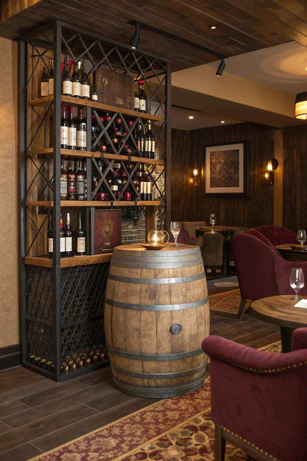 Showcase your spirits collection using a distinctive cask spirits rack that combines design and functionality.
