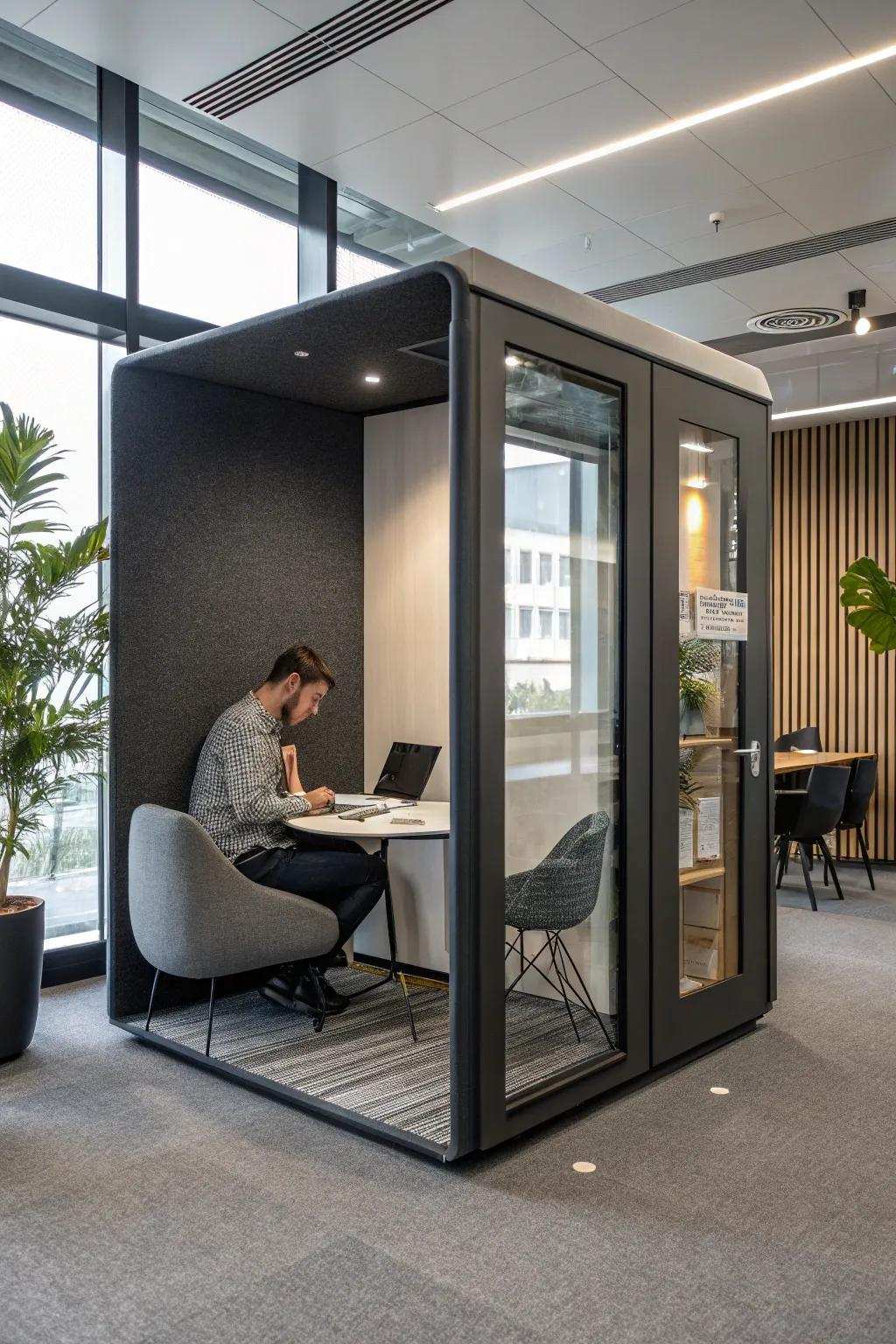 Silence hubs offer a serene escape for concentrated work.
