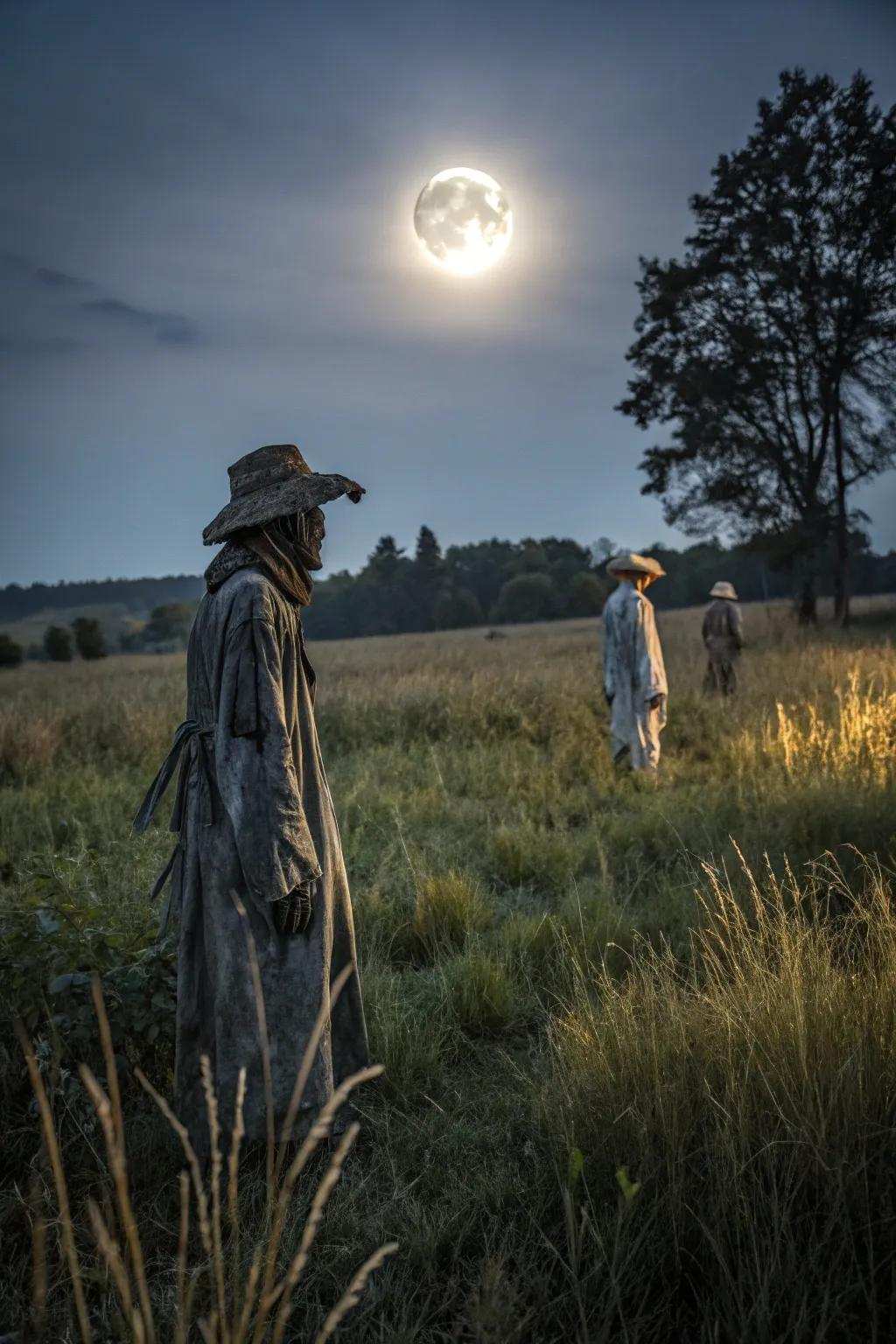 Silent scarecrows standing guard under the moonlight.